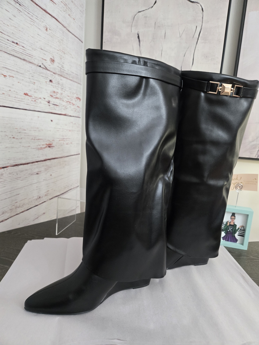NWOB Dominique Nicole Zayla Black Tall Wedge Boots Size 12W - Picture 9 of 16